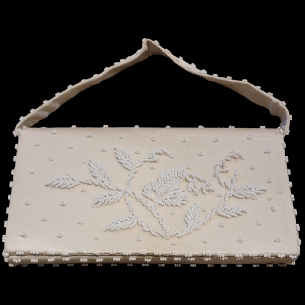 VTG Olympic Ivory Satin Beaded Purse Handmade In Hong Kong